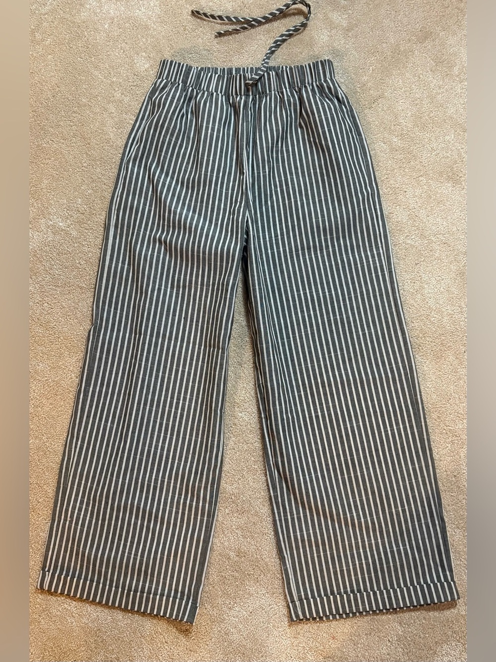 Black&White Striped Pants Elastic & Strings at the Waist Wide Leg